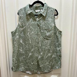 Ecothreads Women's Linen Blend Sleeveless Top Size L Green Floral Boho Chic NEW